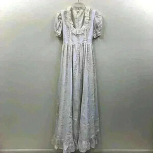 Vintage Homespun Gunne Sax Style 1970s Striped Cottagecore Floral Prairie Dress